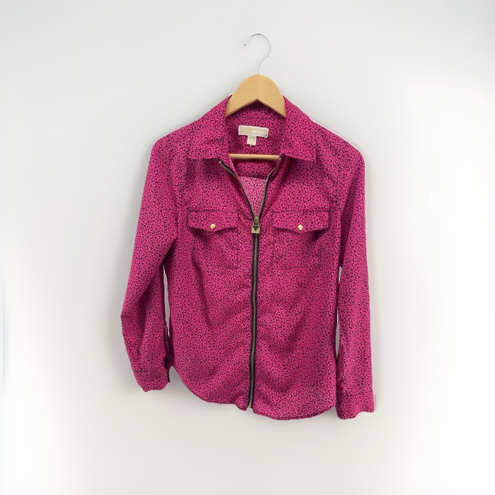 Michael Kors Women Pink Floral Zip Shirt Jacket Size S Gold Hardware